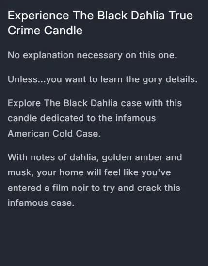 Product page: true crime jar candle, case file description, old site, desktop view. The description as a block of text with no shipping or care answers.