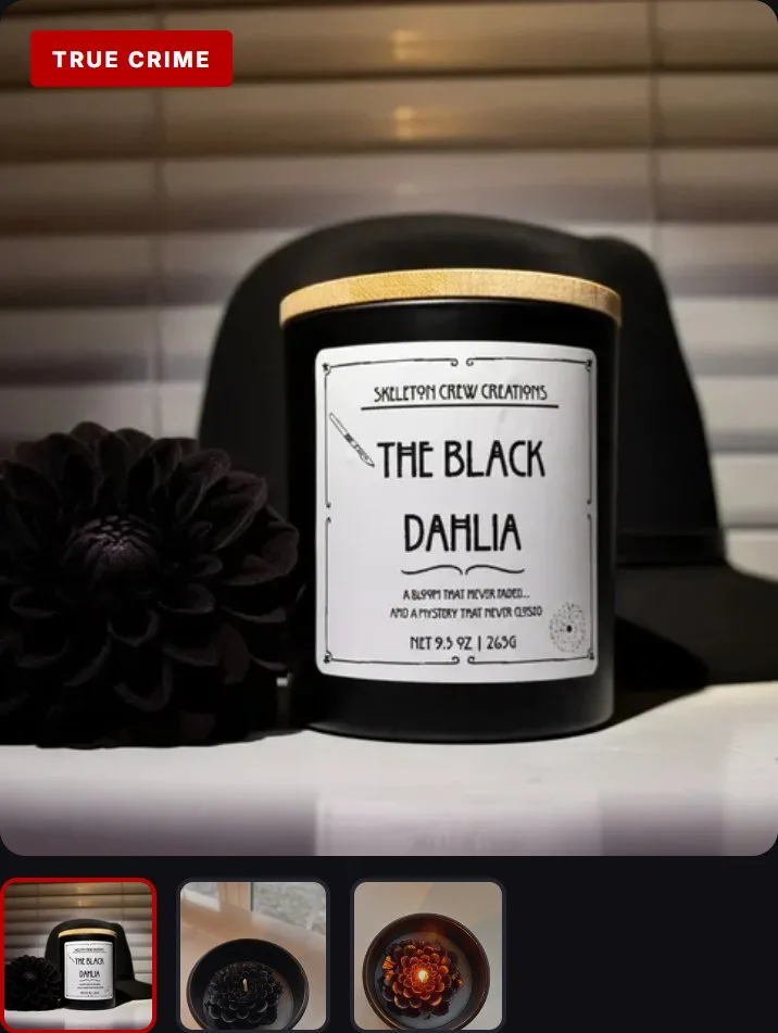 Product page: true crime jar candle, gallery, new site, phone view. A main photo with the True Crime badge and three thumbnails.