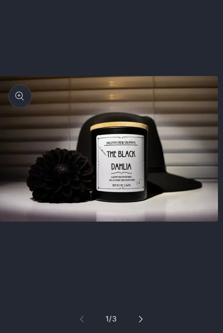 Product page: true crime jar candle, gallery, old site, phone view. A '1/3' swipe slider.