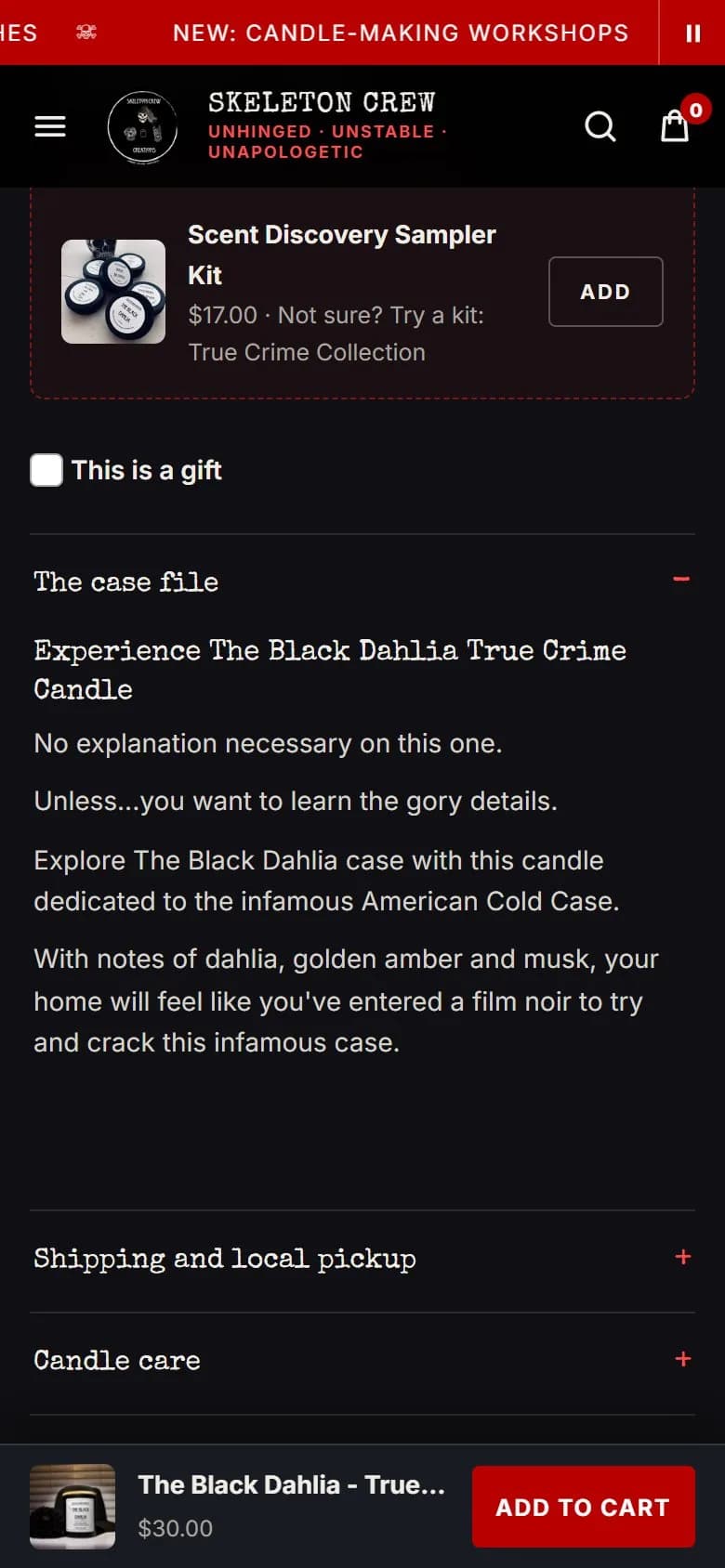 Product page: true crime jar candle, phone, scrolled past the buy row, new site, phone view. The sticky Add to cart bar.