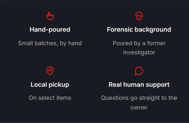 Product page: true crime jar candle, trust strip, new site, phone view. Hand-poured, Forensic background, Local pickup on select items, and Real human support (questions go straight to the owner).