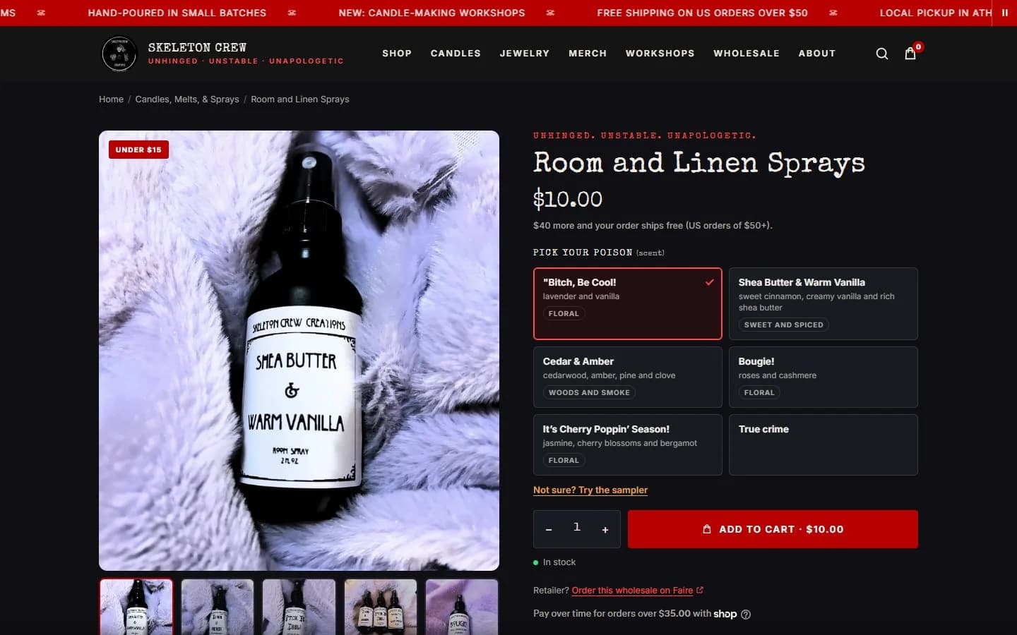 Product page: room and linen spray, first screen, new site, desktop view. A grid of scent cards with notes and family tags above the fold, an Under $15 badge on the photo, and Add to cart at 723 px.