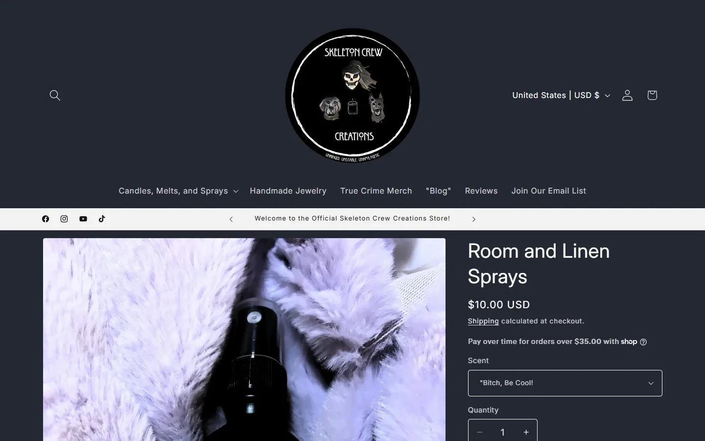 Product page: room and linen spray, first screen, old site, desktop view. A Scent dropdown, and Add to cart at 938 px, below the fold.