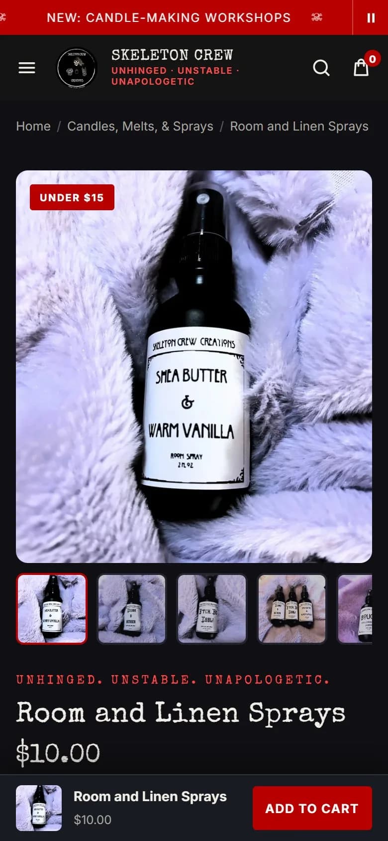 Product page: room and linen spray, first screen, new site, phone view. A grid of scent cards with notes and family tags above the fold, an Under $15 badge on the photo, and Add to cart at 723 px.