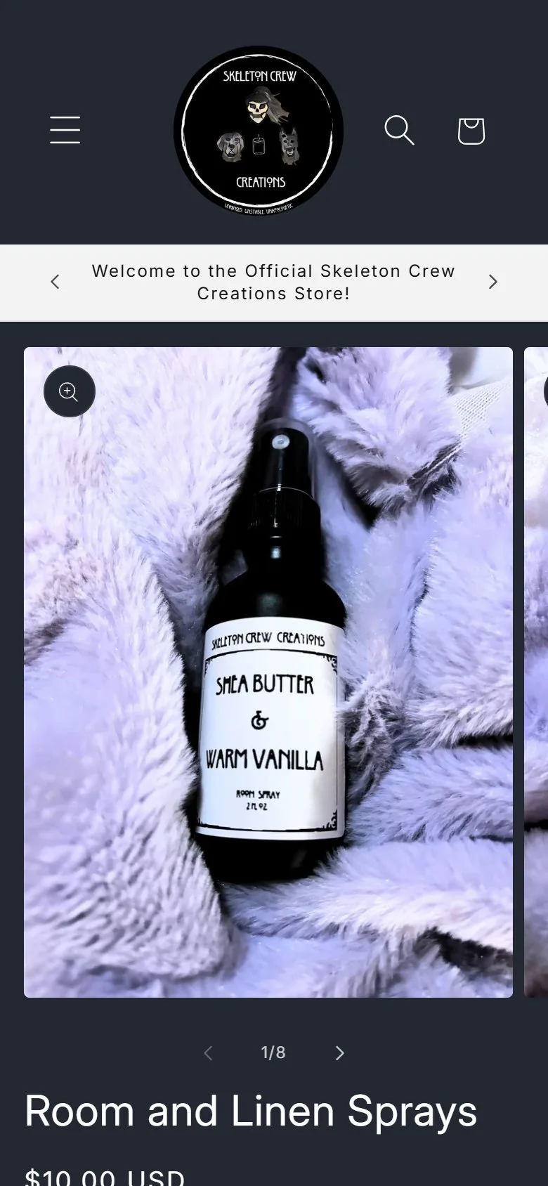 Product page: room and linen spray, first screen, old site, phone view. A Scent dropdown, and Add to cart at 938 px, below the fold.