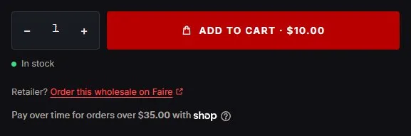 Product page: room and linen spray, buy row, new site, desktop view. One row with 'Add to cart · $10.00', then In stock, the Faire line and Shop Pay.
