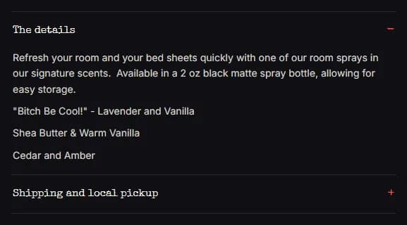 Product page: room and linen spray, description, new site, desktop view. 'The details' tab with a 'Shipping and local pickup' tab collapsed under it.