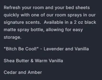 Product page: room and linen spray, description, old site, desktop view. The description as plain text.