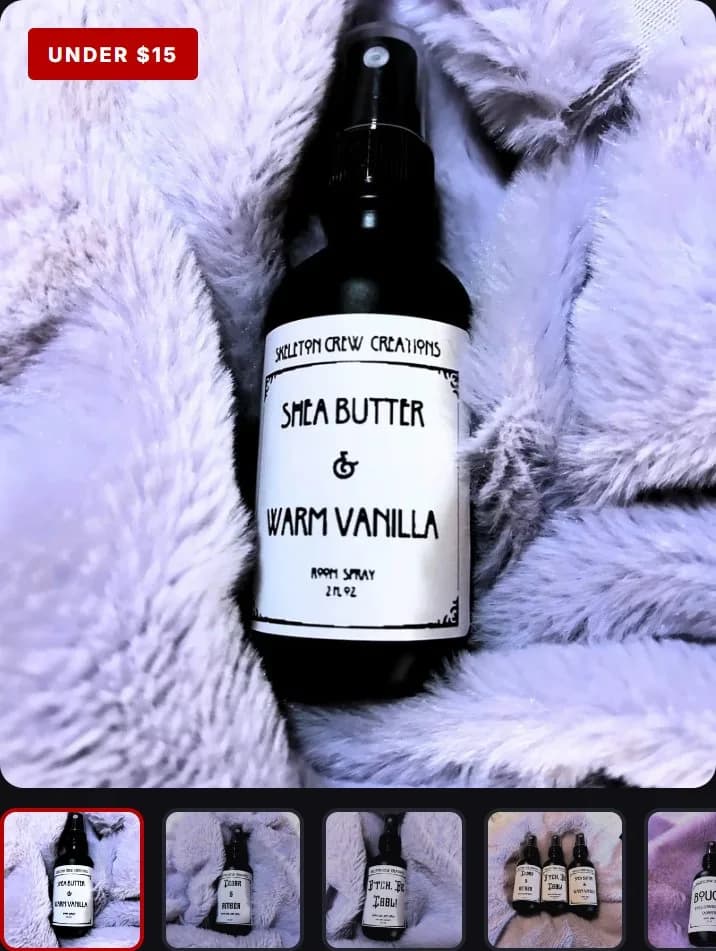 Product page: room and linen spray, gallery, new site, phone view. A main photo with an Under $15 badge and a scrollable thumbnail row.