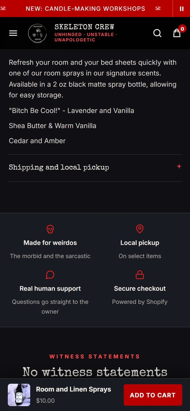 Product page: room and linen spray, phone, scrolled past the buy row, new site, phone view. The sticky Add to cart bar.