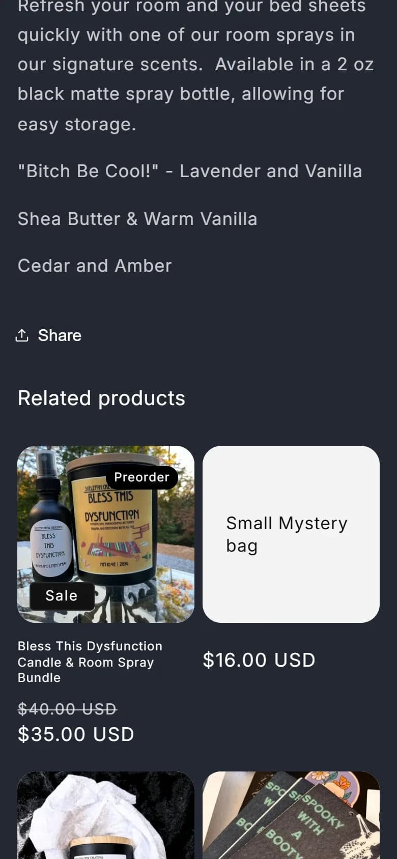 Product page: room and linen spray, phone, scrolled past the buy row, old site, phone view. The description and related products, with no buy button in view.