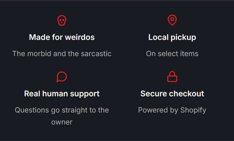Product pages: fragrance, bundle and jewelry, trust strip, new site, phone view. Made for weirdos, Local pickup on select items, Real human support, and Secure checkout (powered by Shopify).
