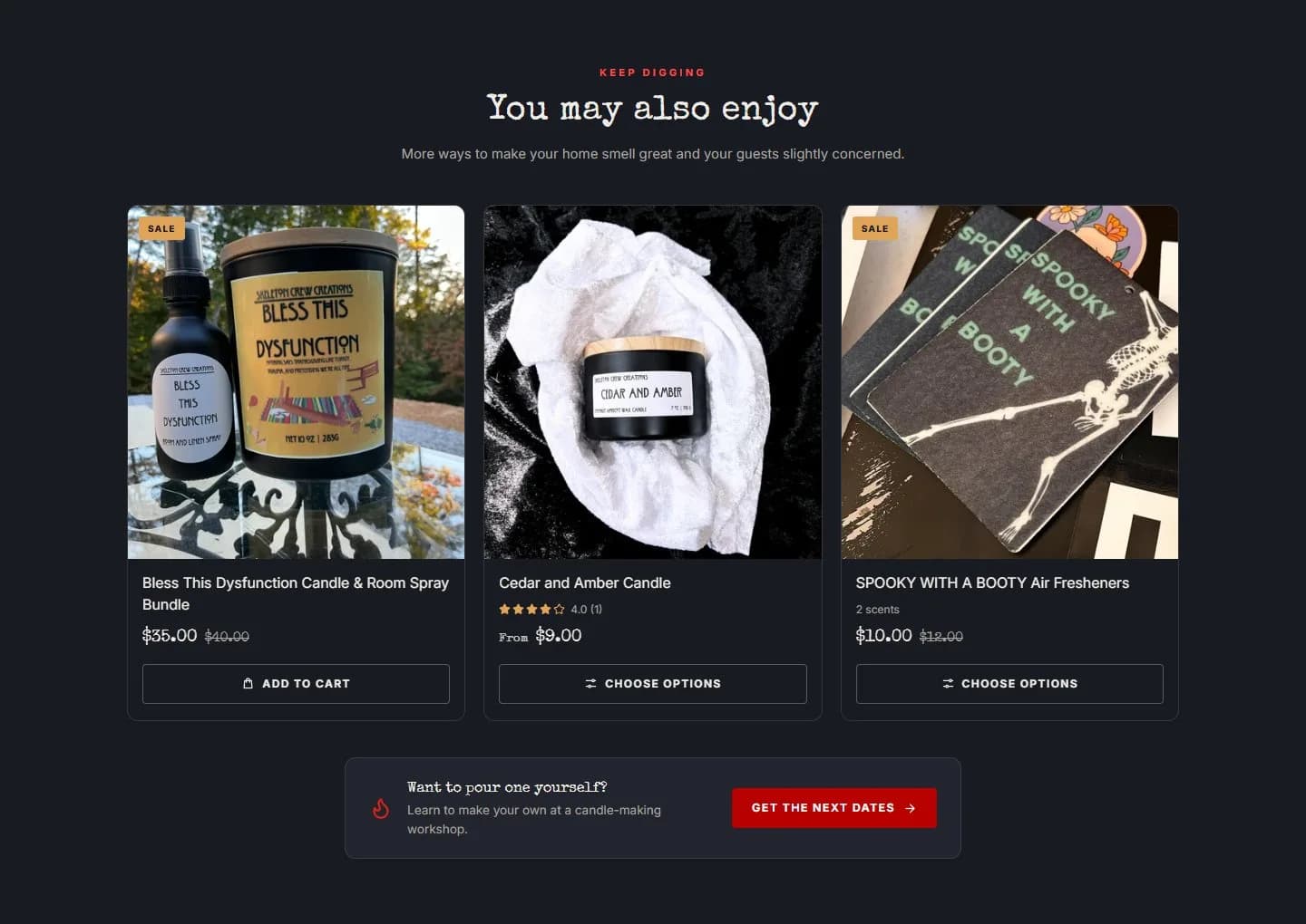 Product page: room and linen spray, related products, new site, desktop view. Three centered cards with buttons, Sale tags and ratings, plus the workshop prompt.