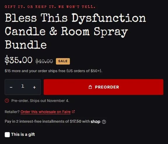 Product page: pre-order gift bundle, buy box, new site, desktop view. A full-width red Preorder button, 'Pre-order.
