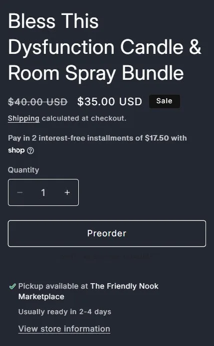 Product page: pre-order gift bundle, buy box, old site, desktop view. An outlined Preorder button, the pre-order app's generic 'Ships as soon as possible' in near-invisible dark text, and a pickup block.