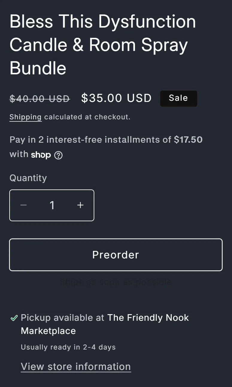 Product page: pre-order gift bundle, buy box, old site, phone view. An outlined Preorder button, the pre-order app's generic 'Ships as soon as possible' in near-invisible dark text, and a pickup block.