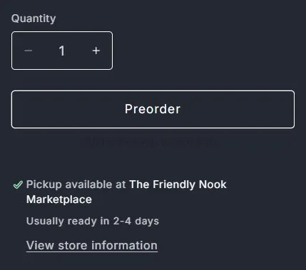 Product page: pre-order gift bundle, ship note, close-up, old site, desktop view. Dark-on-dark 'Ships as soon as possible'.