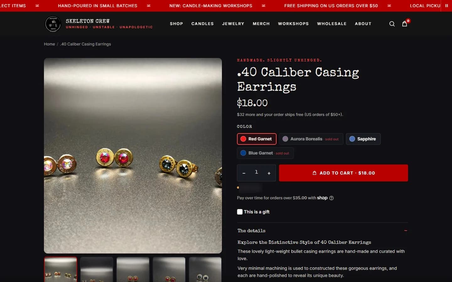 Product page: bullet casing earrings, first screen, new site, desktop view. Color swatches, Add to cart (525 px) and the stock line above the fold, under the eyebrow 'Handmade.