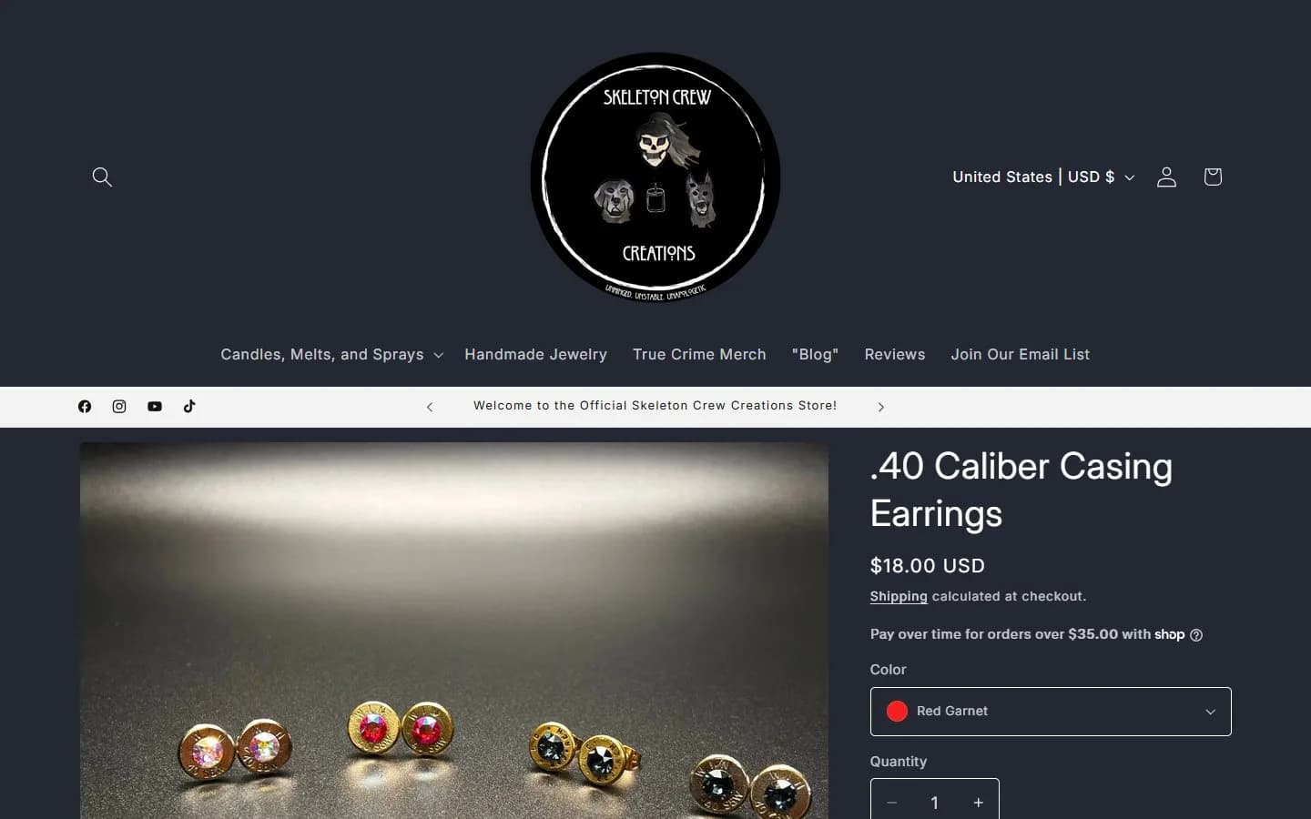 Product page: bullet casing earrings, first screen, old site, desktop view. Add to cart at 938 px, below the fold.