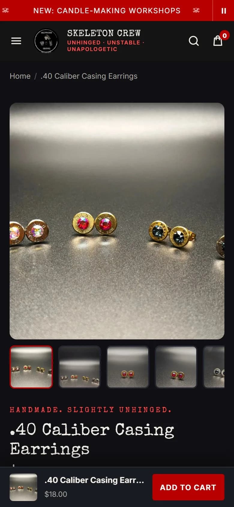 Product page: bullet casing earrings, first screen, new site, phone view. Color swatches, Add to cart (525 px) and the stock line above the fold, under the eyebrow 'Handmade.