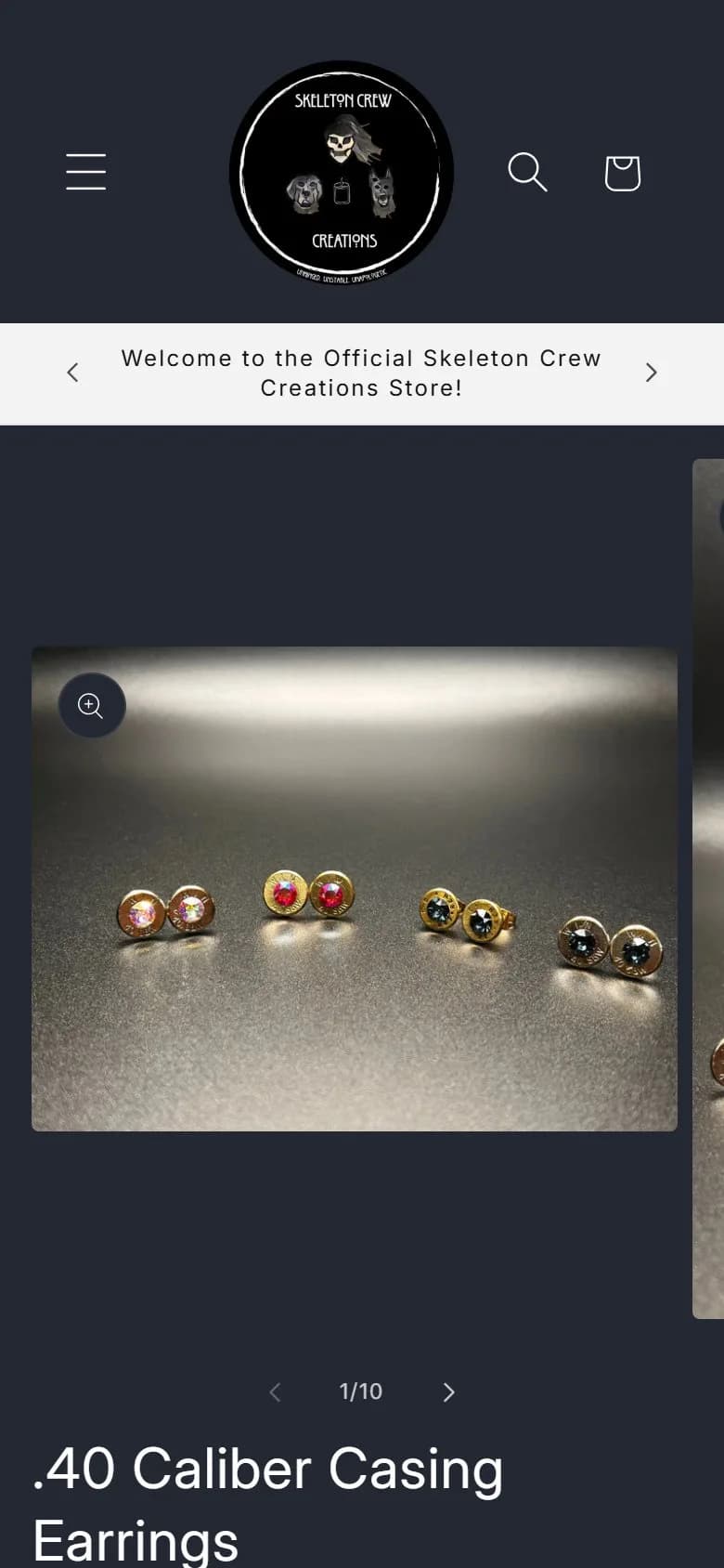 Product page: bullet casing earrings, first screen, old site, phone view. Add to cart at 938 px, below the fold.