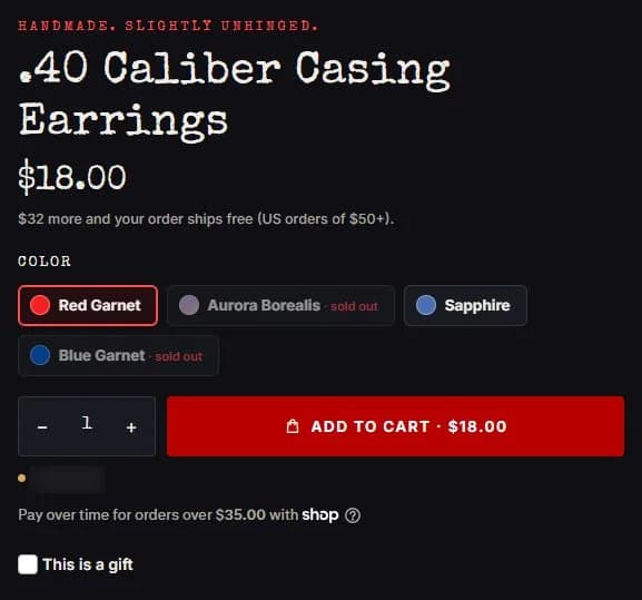 Product page: bullet casing earrings, buy box, new site, desktop view. Swatch cards with sold-out labels, one buy row, a low-stock line, Shop Pay and the gift option.