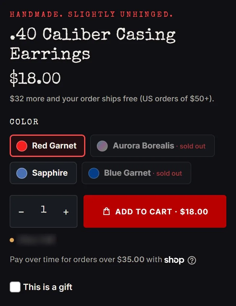 Product page: bullet casing earrings, buy box, new site, phone view. Swatch cards with sold-out labels, one buy row, a low-stock line, Shop Pay and the gift option.