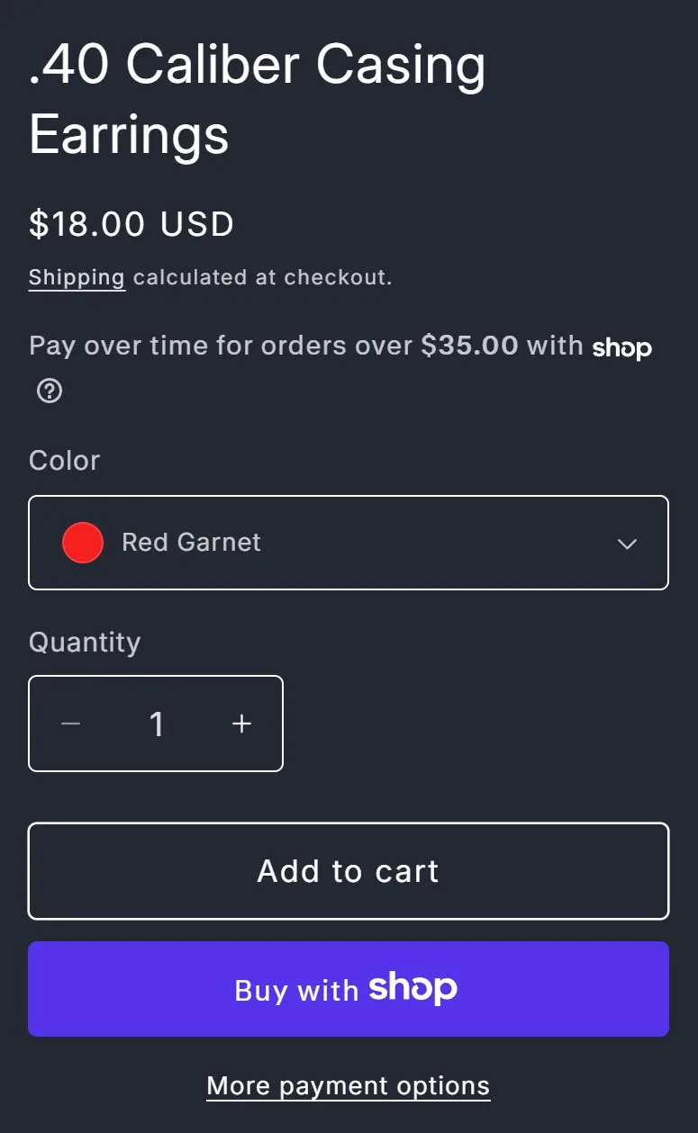 Product page: bullet casing earrings, buy box, old site, phone view. A Color dropdown and stacked buttons.