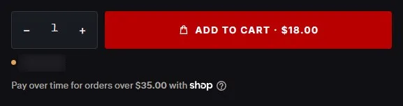 Product page: bullet casing earrings, buy row, new site, desktop view. One row with 'Add to cart · $18.00', a low-stock line and Shop Pay.