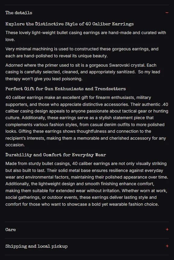 Product page: bullet casing earrings, description, new site, desktop view. 'The details' tab with Care and Shipping tabs collapsed under it.