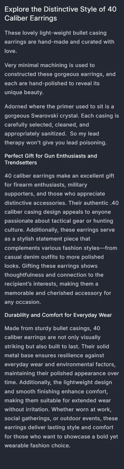 Product page: bullet casing earrings, description, old site, desktop view. A long description with an em dash in the store copy.