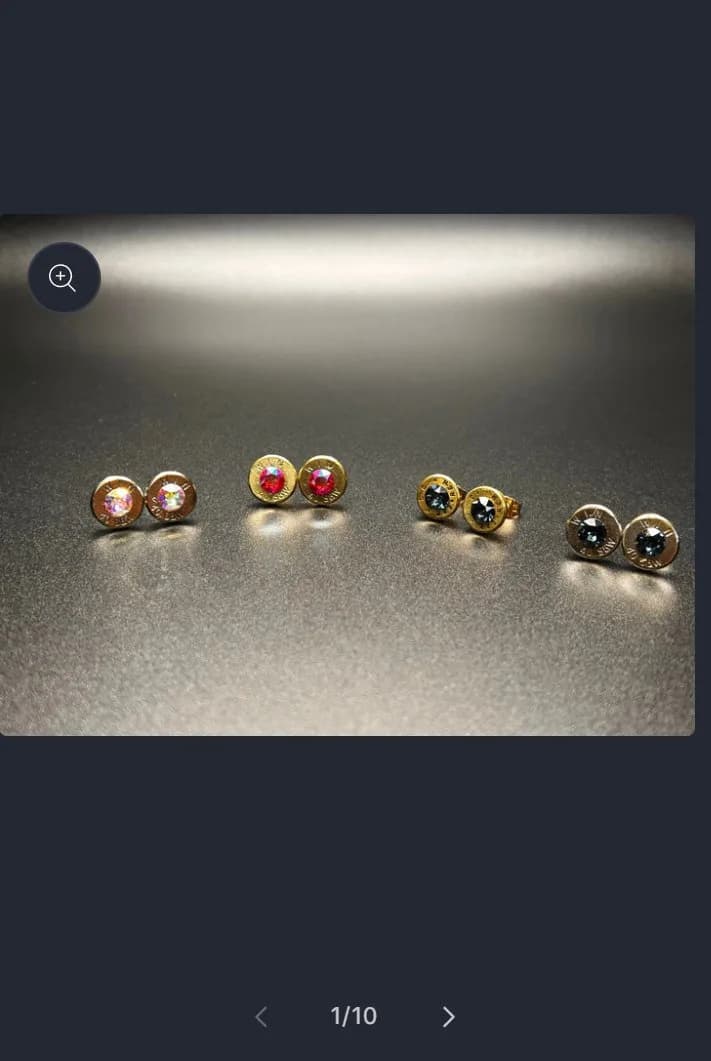 Product page: bullet casing earrings, gallery, old site, phone view. A '1/10' slider.