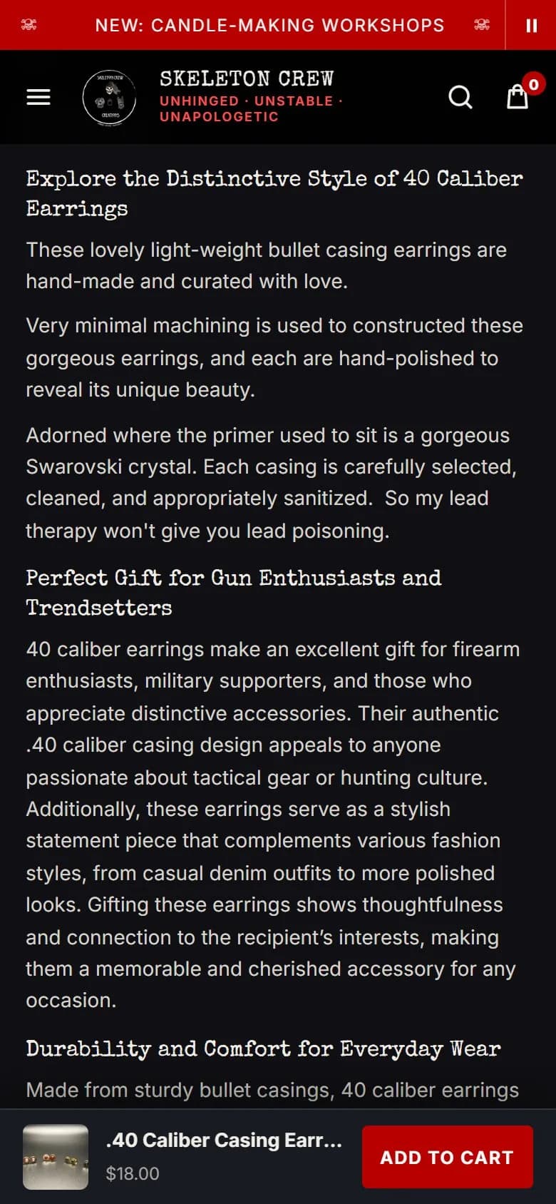 Product page: bullet casing earrings, phone, scrolled past the buy row, new site, phone view. The sticky Add to cart bar.