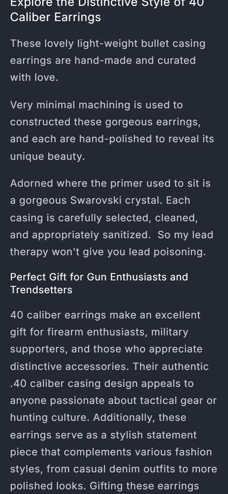Product page: bullet casing earrings, phone, scrolled past the buy row, old site, phone view. The description with no buy button in view.
