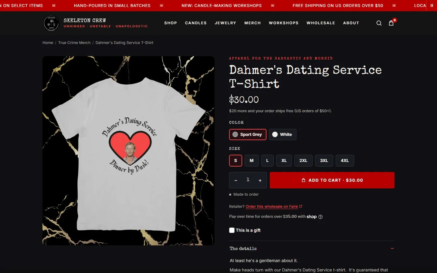 Product page: T-shirt, first screen, new site, desktop view. Color and size buttons, Add to cart (567 px) and 'Made to order' above the fold, under the eyebrow 'Apparel for the sarcastic and morbid'.