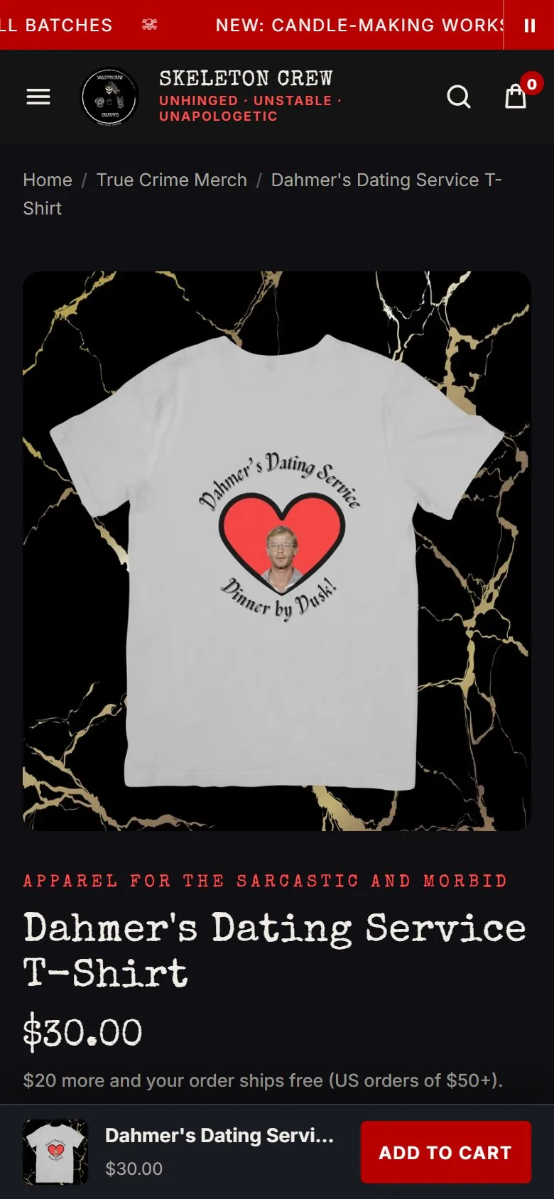 Product page: T-shirt, first screen, new site, phone view. Color and size buttons, Add to cart (567 px) and 'Made to order' above the fold, under the eyebrow 'Apparel for the sarcastic and morbid'.
