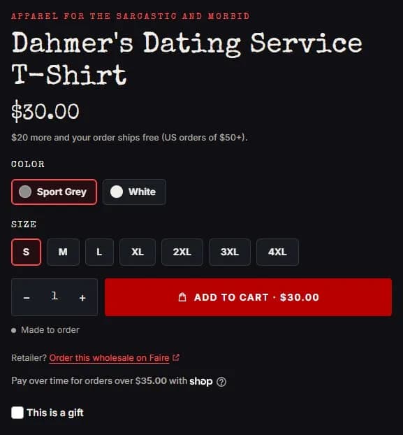 Product page: T-shirt, buy box, new site, desktop view. Color swatches and size buttons, one buy row, a 'Made to order' line, the Faire line, Shop Pay and the gift option.