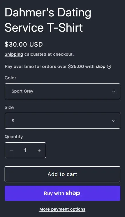 Product page: T-shirt, buy box, old site, desktop view. Two dropdowns and stacked buttons.