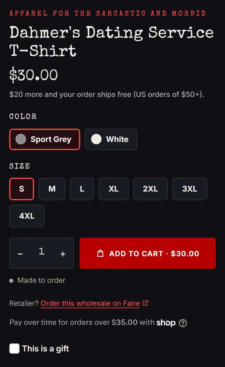 Product page: T-shirt, buy box, new site, phone view. Color swatches and size buttons, one buy row, a 'Made to order' line, the Faire line, Shop Pay and the gift option.