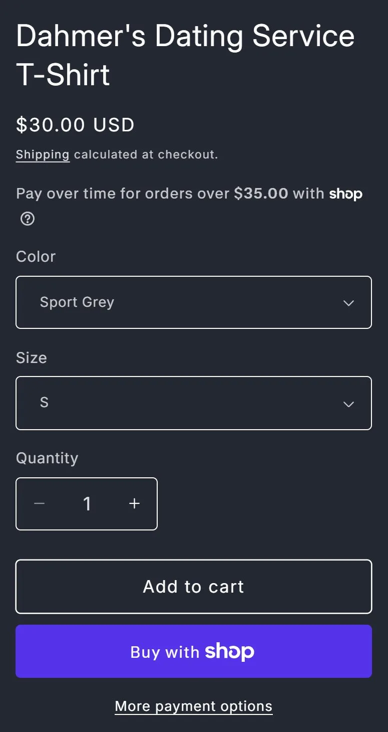 Product page: T-shirt, buy box, old site, phone view. Two dropdowns and stacked buttons.