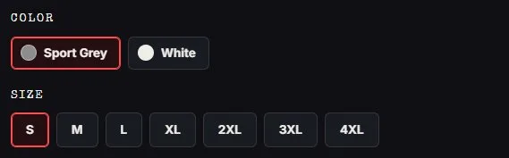 Product page: T-shirt, color and size picker, new site, desktop view. Two swatches and seven size buttons, all visible at once.