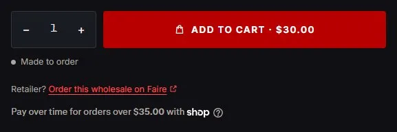 Product page: T-shirt, buy row, new site, desktop view. One row, followed by 'Made to order', the Faire line and Shop Pay.
