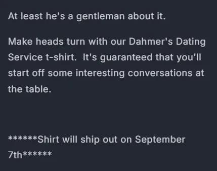 Product page: T-shirt, description, old site, desktop view. On October 19, 2026 the description still ended with a line promising the shirt would ship on September 7th.