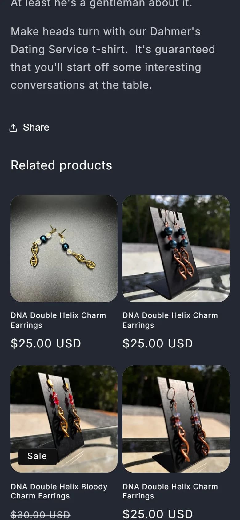 Product page: T-shirt, phone, scrolled past the buy row, old site, phone view. The end of the description and related products, with no buy button in view.