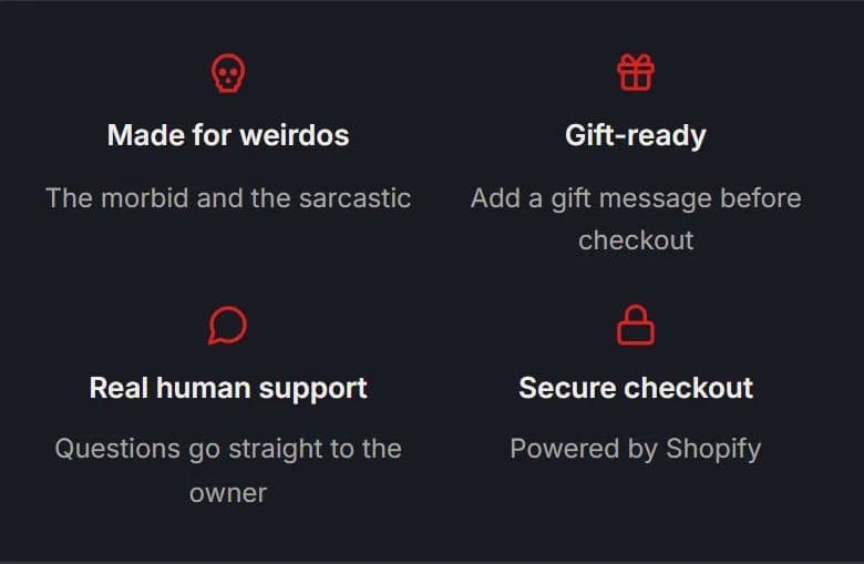Product page: T-shirt, trust strip, new site, phone view. Made for weirdos, Gift-ready (add a gift message before checkout), Real human support, and Secure checkout.
