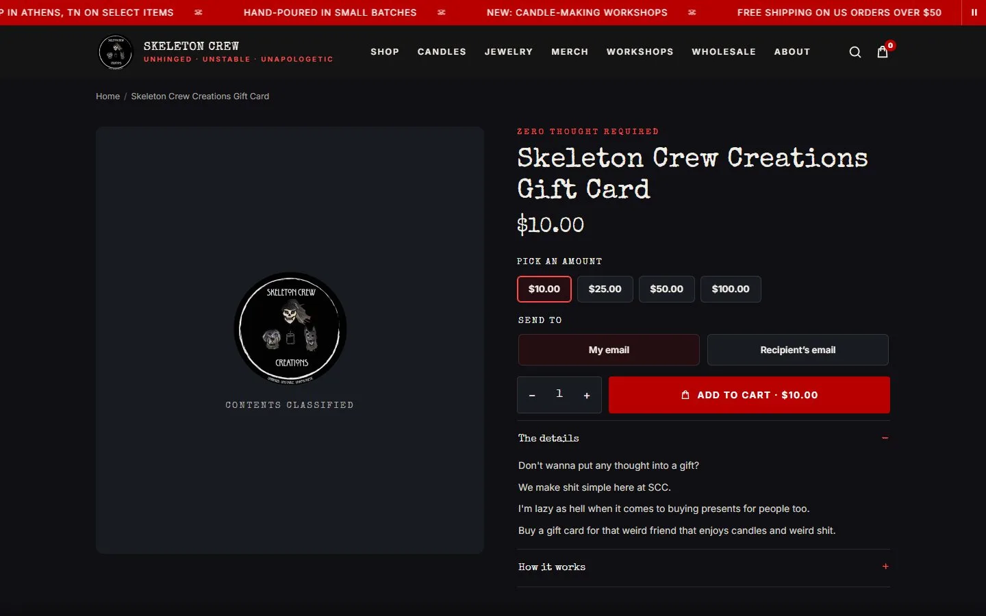 Product page: gift card, first screen, new site, desktop view. The two-column layout with a branded stand-in image (logo and 'Contents classified'), amount buttons, the recipient choice and Add to cart (550 px) above the fold.