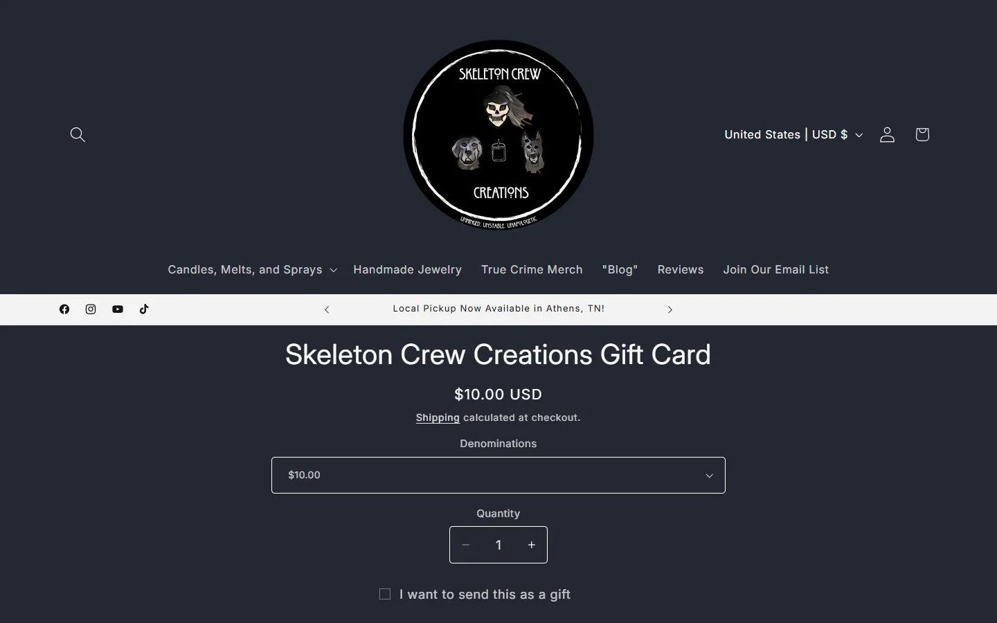 Product page: gift card, first screen, old site, desktop view. A centered column with no image, and Add to cart at 902 px.