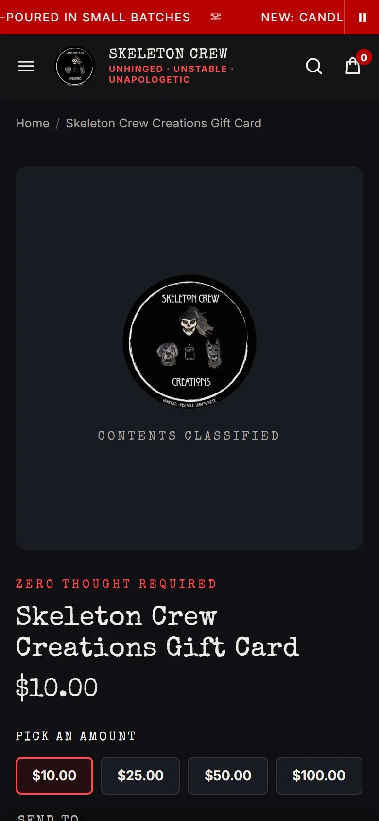 Product page: gift card, first screen, new site, phone view. The two-column layout with a branded stand-in image (logo and 'Contents classified'), amount buttons, the recipient choice and Add to cart (550 px) above the fold.