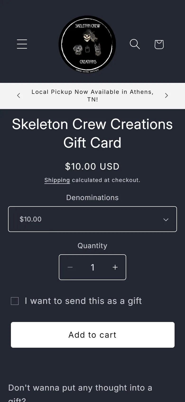 Product page: gift card, first screen, old site, phone view. A centered column with no image, and Add to cart at 902 px.