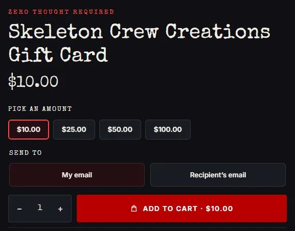 Product page: gift card, buy box, new site, desktop view. 'Pick an amount' buttons and a 'Send to: My email / Recipient's email' choice.